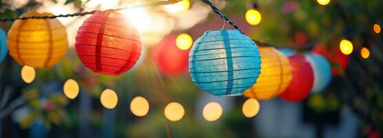 AI generated colorful paper lanterns light up a string in a colorful design photo