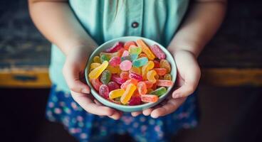 ai generado para niños manos participación un grande cuenco de caramelo foto