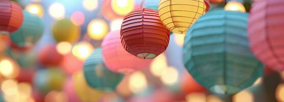 AI generated colorful paper lanterns hanging above a blue sky photo