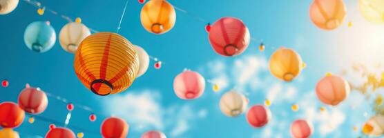 AI generated colorful paper lanterns hanging above a blue sky photo