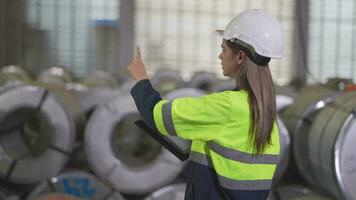 ingenieur arbeider vrouw vervelend veiligheid pak en moeilijk hoed. specialist inspecteren en controle metaal vel staal en metaal vervaardiging magazijn. slim industrie arbeider werkend. video