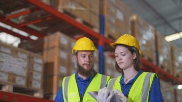 Operação trabalhadores verificação e inspecionando carga para pilha Itens para envio. Supervisor e funcionários trabalhando dentro fábrica armazém discutir sobre partes inventário. trabalhador digitalização pacote dentro armazém. video