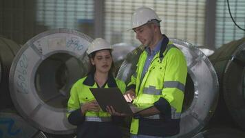 profissional Engenharia trabalhadores andar e Verifica dentro armazém fábrica. Gerente discutir inspeção relatório para interno auditoria. qualidade garantia para fabricação. conceito engenheiro operativo. video