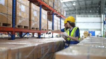 operation workers checking and inspecting cargo for stack items for shipping. Supervisor and staff working in factory warehouse discuss about parts inventory. Worker Scanning Package In Warehouse. video