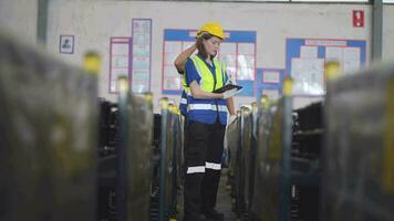 operatie arbeiders controle en inspecteren lading voor stack items voor Verzenden. leidinggevende en personeel werken in fabriek magazijn bespreken over onderdelen voorraad. arbeider scannen pakket in magazijn. video