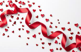 AI generated red ribbon wrap symbol for valentines day with hearts symbol photo