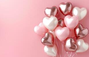 AI generated numerous heart shaped foil balloons on pink background photo