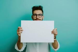 ai generado hombre participación arriba un blanco papel foto