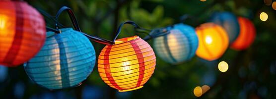 AI generated colorful paper lanterns light up a string in a colorful design photo