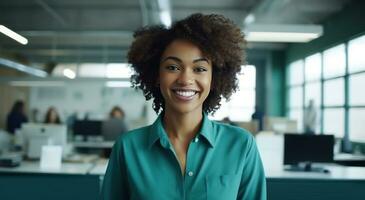 AI generated classroom employee with a smile on her face happy person photo