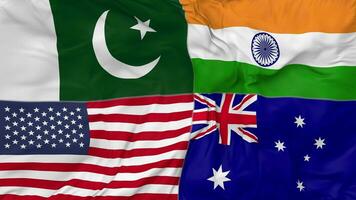 Australia Pakistan, India and United States, USA Flags Together Seamless Looping Background, Looped Bump Texture Cloth Waving Slow Motion, 3D Rendering video