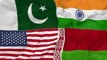 Belarus, Pakistan, India and United States, USA Flags Together Seamless Looping Background, Looped Bump Texture Cloth Waving Slow Motion, 3D Rendering video