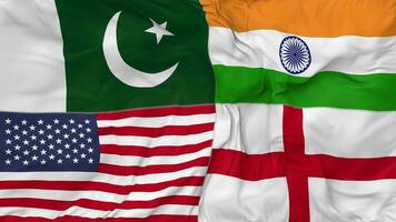 England, Pakistan, India and United States, USA Flags Together Seamless Looping Background, Looped Bump Texture Cloth Waving Slow Motion, 3D Rendering video