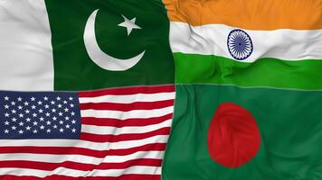 Bangladesh, Pakistan, India and United States, USA Flags Together Seamless Looping Background, Looped Bump Texture Cloth Waving Slow Motion, 3D Rendering video