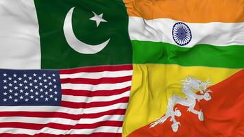 Bhutan, Pakistan, India and United States, USA Flags Together Seamless Looping Background, Looped Bump Texture Cloth Waving Slow Motion, 3D Rendering video