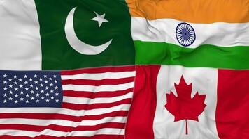 Kanada, Pakistan, Indien och förenad stater, USA flaggor tillsammans sömlös looping bakgrund, looped stöta textur trasa vinka långsam rörelse, 3d tolkning video