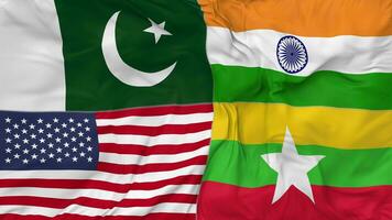 Birmanie, Birmanie, Pakistan, Inde et uni États, Etats-Unis drapeaux ensemble sans couture boucle arrière-plan, en boucle bosse texture tissu agitant lent mouvement, 3d le rendu video