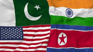norte Corea, Pakistán, India y unido estados, Estados Unidos banderas juntos sin costura bucle fondo, serpenteado bache textura paño ondulación lento movimiento, 3d representación video
