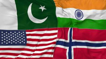 Norway, Pakistan, India and United States, USA Flags Together Seamless Looping Background, Looped Bump Texture Cloth Waving Slow Motion, 3D Rendering video