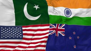 nuovo zelanda, Pakistan, India e unito stati, Stati Uniti d'America bandiere insieme senza soluzione di continuità looping sfondo, loop urto struttura stoffa agitando lento movimento, 3d interpretazione video