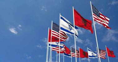 Albania, United States, USA and Israel Flags Waving Together in the Sky, Seamless Loop in Wind, Space on Left Side for Design or Information, 3D Rendering video