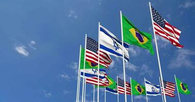 Brazil, United States, USA and Israel Flags Waving Together in the Sky, Seamless Loop in Wind, Space on Left Side for Design or Information, 3D Rendering video