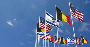 Bélgica, Unidos estados, EUA e Israel bandeiras acenando juntos dentro a céu, desatado ciclo dentro vento, espaço em esquerda lado para Projeto ou Informação, 3d Renderização video
