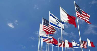 Bahrain, United States, USA and Israel Flags Waving Together in the Sky, Seamless Loop in Wind, Space on Left Side for Design or Information, 3D Rendering video