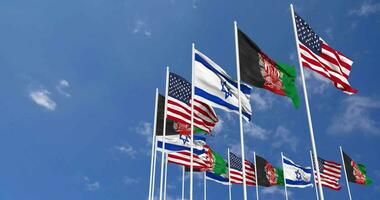 Afghanistan, United States, USA and Israel Flags Waving Together in the Sky, Seamless Loop in Wind, Space on Left Side for Design or Information, 3D Rendering video