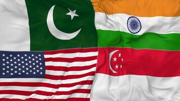 Singapore, Pakistan, India and United States, USA Flags Together Seamless Looping Background, Looped Bump Texture Cloth Waving Slow Motion, 3D Rendering video