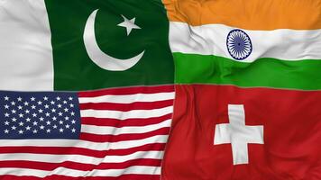 Suisse, Pakistan, Inde et uni États, Etats-Unis drapeaux ensemble sans couture boucle arrière-plan, en boucle bosse texture tissu agitant lent mouvement, 3d le rendu video