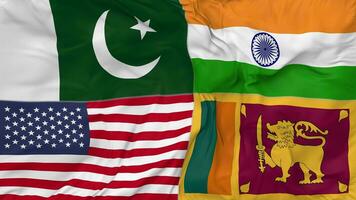 Sri Lanka, Pakistan, India and United States, USA Flags Together Seamless Looping Background, Looped Bump Texture Cloth Waving Slow Motion, 3D Rendering video