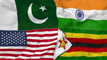 Zimbabwe, Pakistan, India and United States, USA Flags Together Seamless Looping Background, Looped Bump Texture Cloth Waving Slow Motion, 3D Rendering video