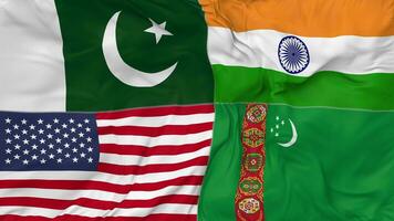 Turkmenistan, Pakistan, India and United States, USA Flags Together Seamless Looping Background, Looped Bump Texture Cloth Waving Slow Motion, 3D Rendering video