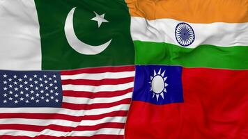 Taiwan, Pakistan, India and United States, USA Flags Together Seamless Looping Background, Looped Bump Texture Cloth Waving Slow Motion, 3D Rendering video