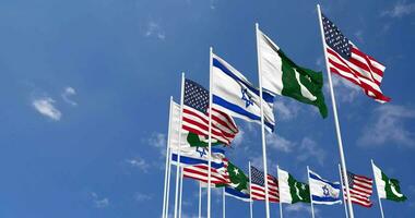 Paquistão, Unidos estados, EUA e Israel bandeiras acenando juntos dentro a céu, desatado ciclo dentro vento, espaço em esquerda lado para Projeto ou Informação, 3d Renderização video