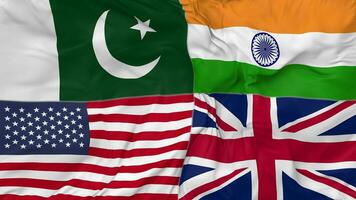 Unidos reino, Paquistão, Índia e Unidos estados, EUA bandeiras juntos desatado looping fundo, em loop colisão textura pano acenando lento movimento, 3d Renderização video