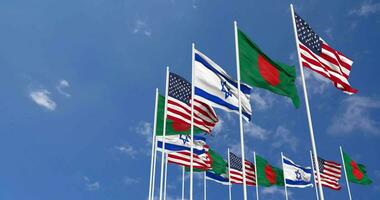 Bangladesh, United States, USA and Israel Flags Waving Together in the Sky, Seamless Loop in Wind, Space on Left Side for Design or Information, 3D Rendering video