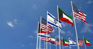 Kuwait, United States, USA and Israel Flags Waving Together in the Sky, Seamless Loop in Wind, Space on Left Side for Design or Information, 3D Rendering video