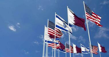 Qatar, United States, USA and Israel Flags Waving Together in the Sky, Seamless Loop in Wind, Space on Left Side for Design or Information, 3D Rendering video