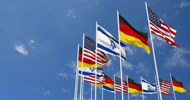 Germany, United States, USA and Israel Flags Waving Together in the Sky, Seamless Loop in Wind, Space on Left Side for Design or Information, 3D Rendering video