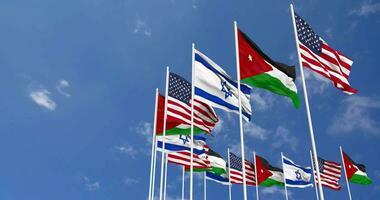Jordan, United States, USA and Israel Flags Waving Together in the Sky, Seamless Loop in Wind, Space on Left Side for Design or Information, 3D Rendering video