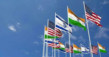 India, United States, USA and Israel Flags Waving Together in the Sky, Seamless Loop in Wind, Space on Left Side for Design or Information, 3D Rendering video