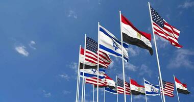 Egypt, United States, USA and Israel Flags Waving Together in the Sky, Seamless Loop in Wind, Space on Left Side for Design or Information, 3D Rendering video