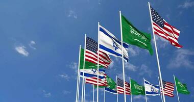 KSA, Kingdom of Saudi Arabia, United States, USA and Israel Flags Waving Together in the Sky, Seamless Loop in Wind, Space on Left Side for Design or Information, 3D Rendering video