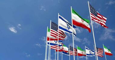 Iran, United States, USA and Israel Flags Waving Together in the Sky, Seamless Loop in Wind, Space on Left Side for Design or Information, 3D Rendering video