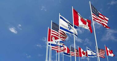 Canada, United States, USA and Israel Flags Waving Together in the Sky, Seamless Loop in Wind, Space on Left Side for Design or Information, 3D Rendering video