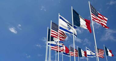 France, United States, USA and Israel Flags Waving Together in the Sky, Seamless Loop in Wind, Space on Left Side for Design or Information, 3D Rendering video