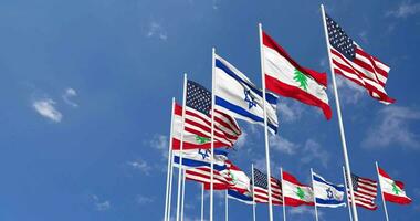 Lebanon, United States, USA and Israel Flags Waving Together in the Sky, Seamless Loop in Wind, Space on Left Side for Design or Information, 3D Rendering video