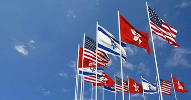 hong kong, förenad stater, USA och Israel flaggor vinka tillsammans i de himmel, sömlös slinga i vind, Plats på vänster sida för design eller information, 3d tolkning video